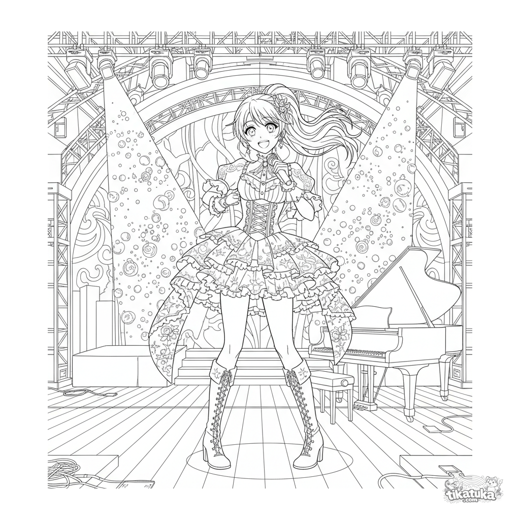 Idol Cantante de Anime Ensayando en Escenario con Micrófono