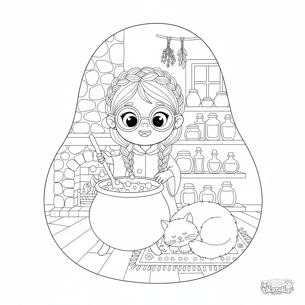 Acogedora casita de bruja preparando una poción