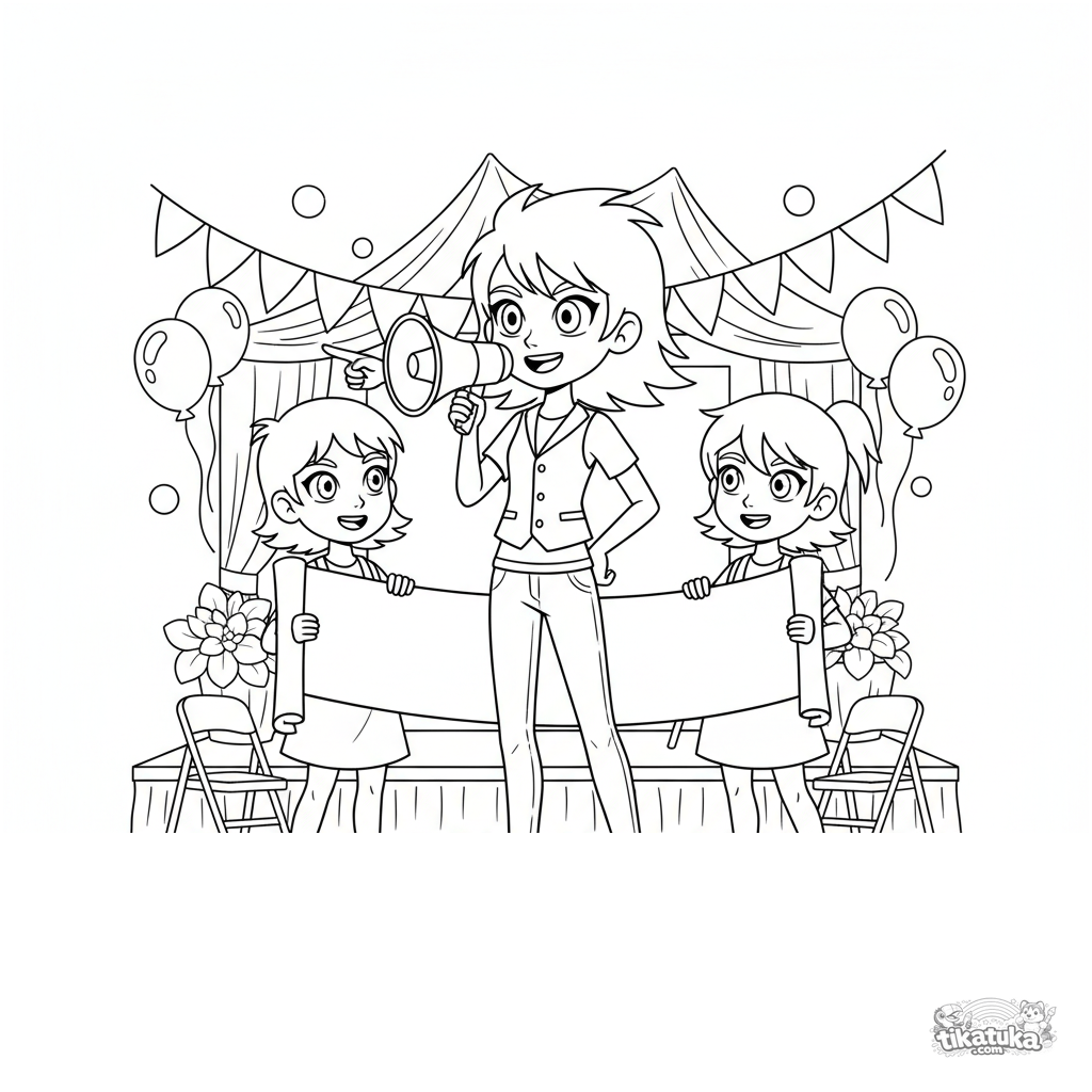 Niña con megáfono dirigiendo a amigos