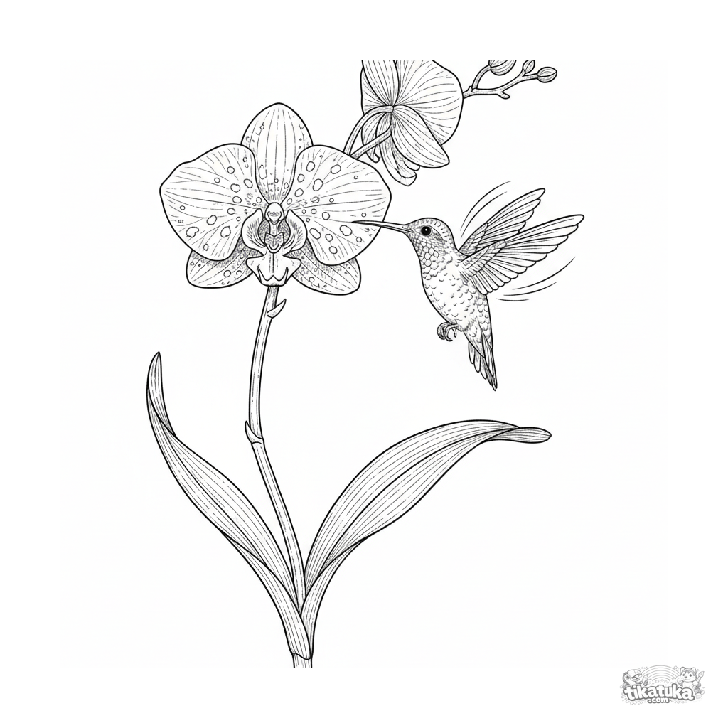 Orquídea con Colibrí Grabado Vintage