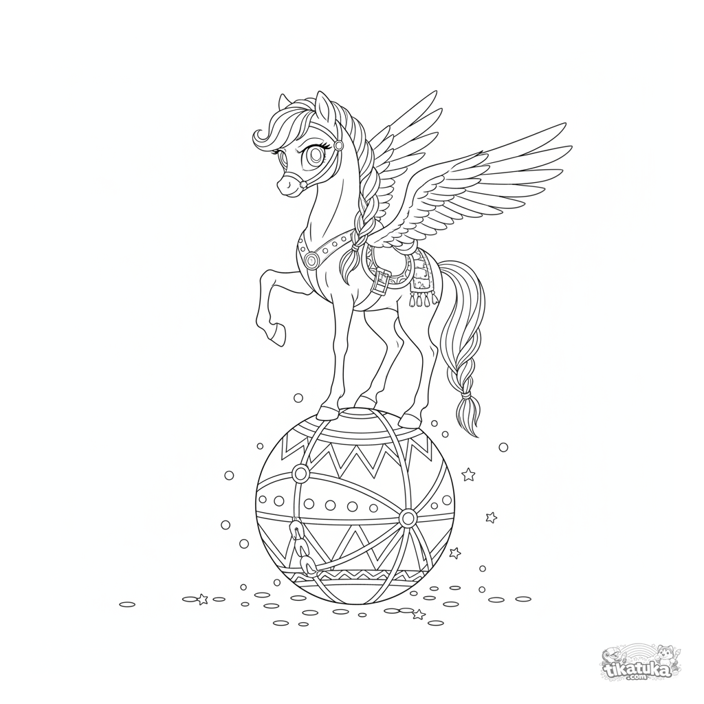Poni pegaso equilibrado en una pelota de escenario