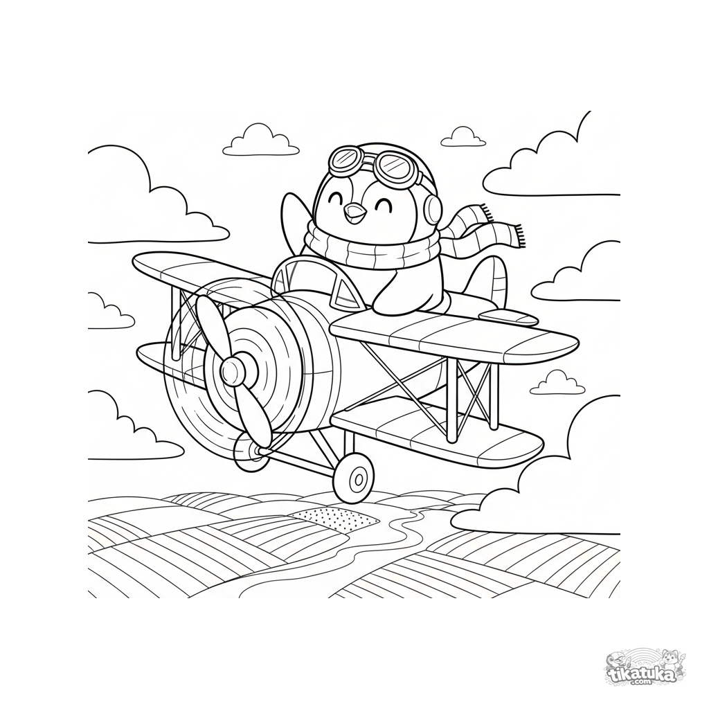 Pingüino Marcel Volando un Biplano Vintage