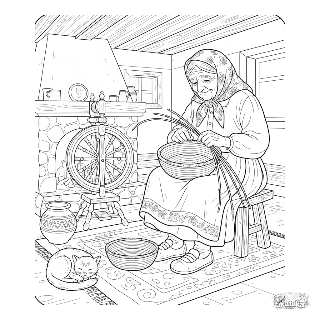 Abuela tejiendo una cesta en la cabaña