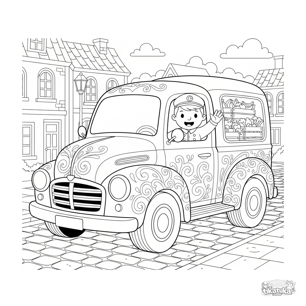 Camión de reparto vintage con patrones florales