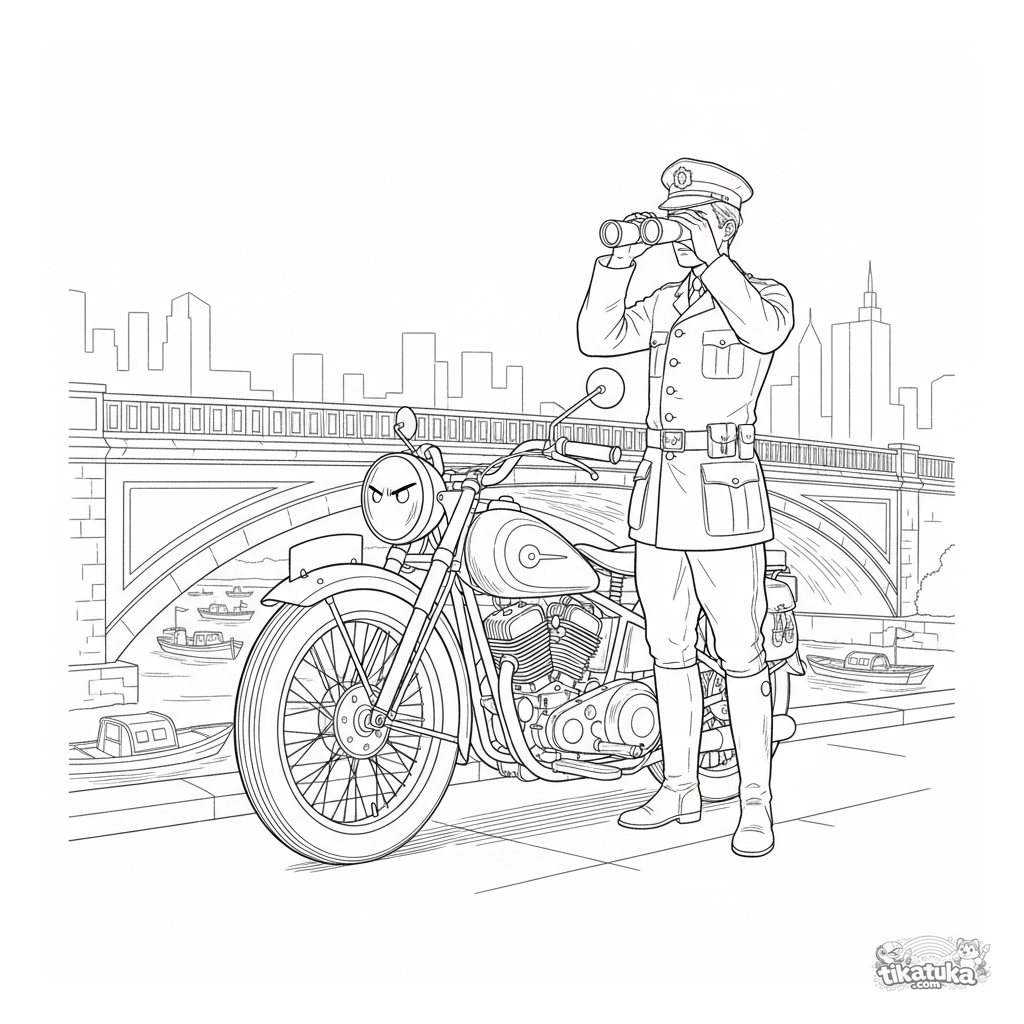 Motocicleta policial vintage patrullando el puente