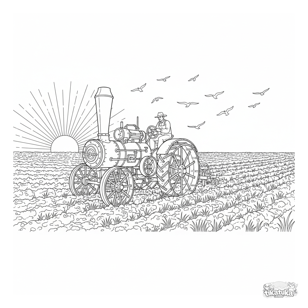 Tractor de Vapor Antiguo Arando al Amanecer