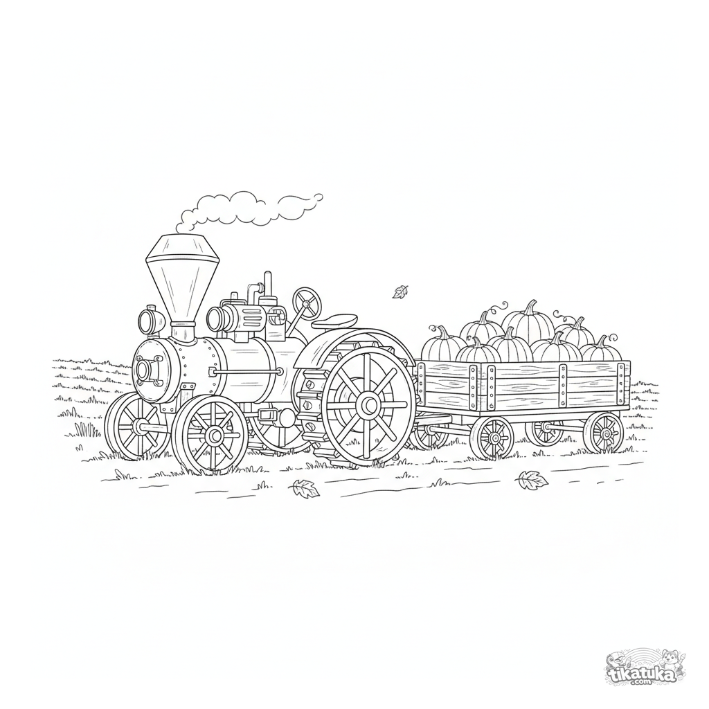 Tractor de vapor vintage con un remolque lleno de calabazas