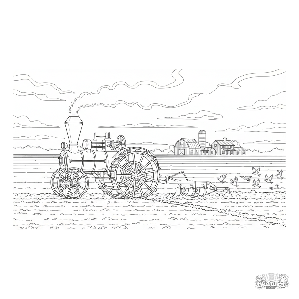 Tractor de Vapor Antiguo Arando un Campo